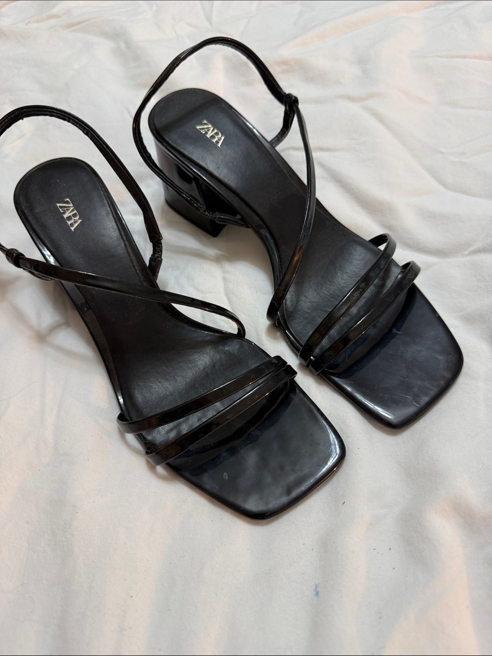 ZARA - Black Strappy Square-Toe Mid Block Heels. Size 40 (approx Us 9)